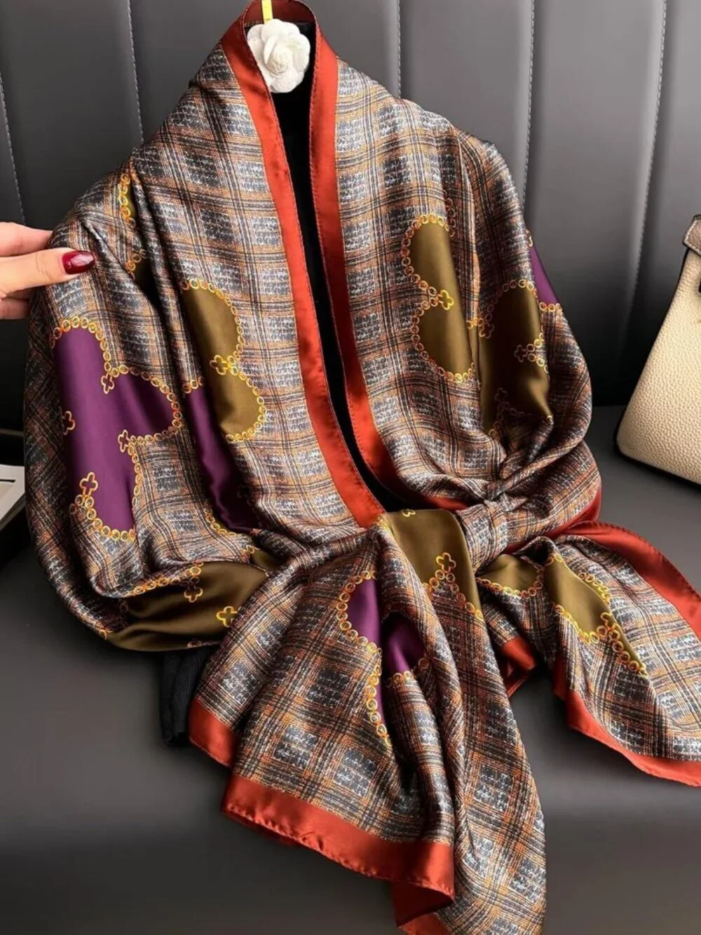 Women's Purple Lightweight Silk Like Scarves Flower Print Head Cotton Wrap Scarf